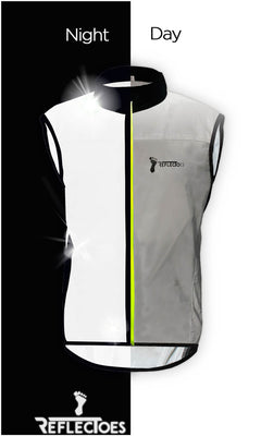 Silver reflective running vest shown night and day split glowing bright white in darkness