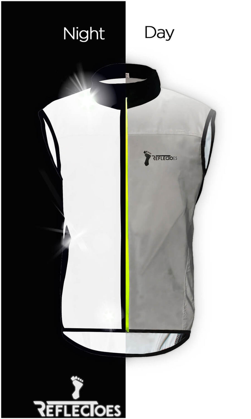 Silver reflective running vest shown night and day split glowing bright white in darkness