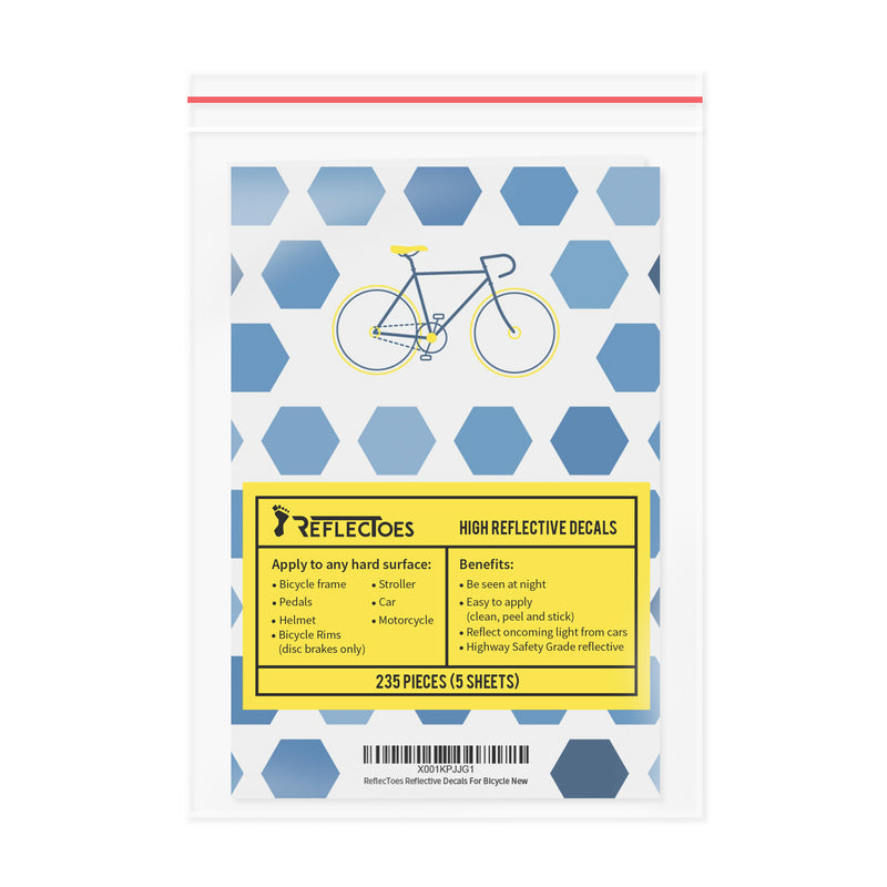 ReflecToes reflective decal packaging front view showing 235 piece 5-sheet bike safety sticker set
