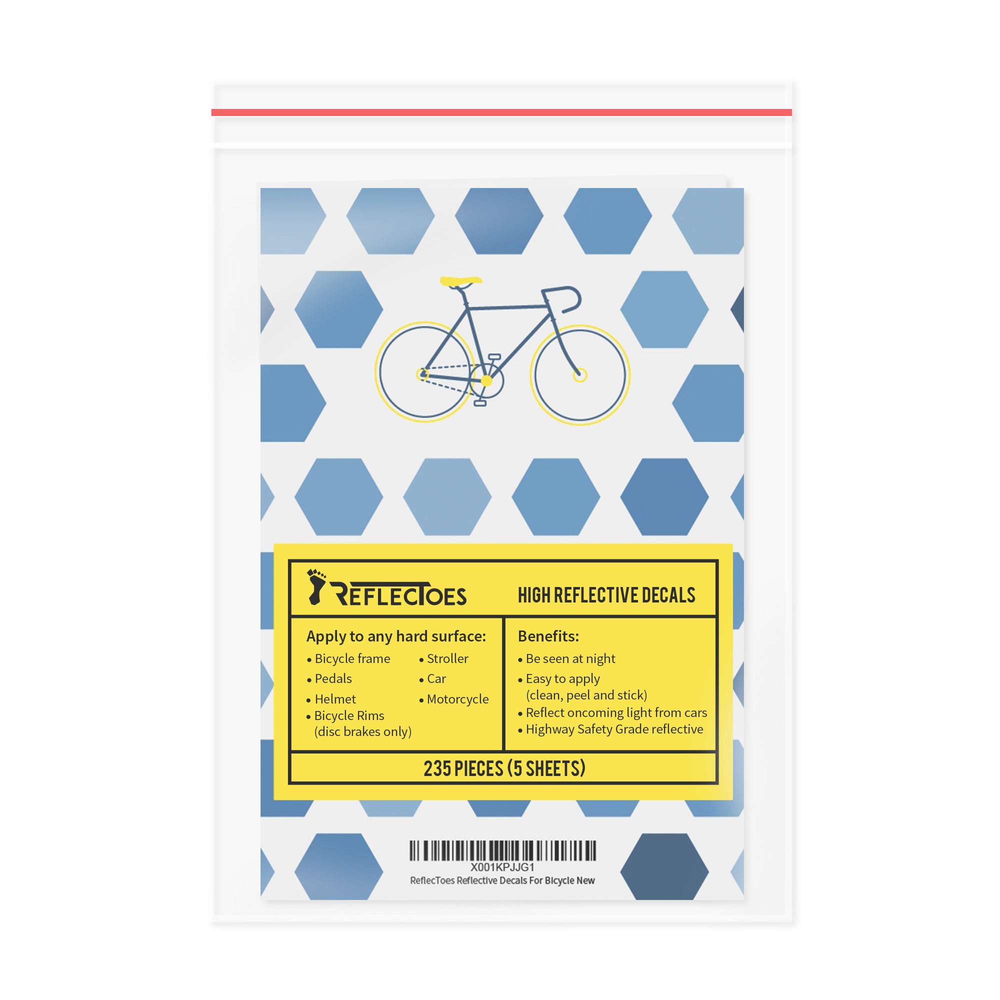 ReflecToes reflective decal packaging front view showing 235 piece 5-sheet bike safety sticker set