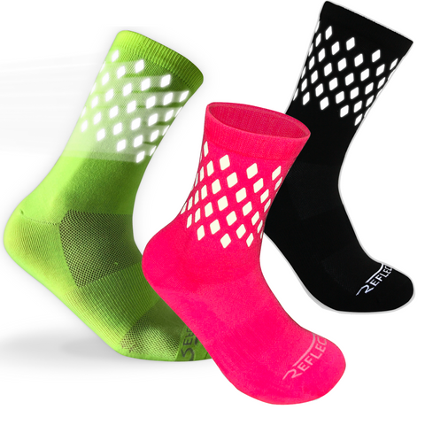 Three-pair assorted ReflecToes reflective crew socks for running and cycling