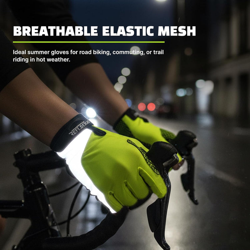 Neon yellow reflective cycling gloves gripping bike handlebars at night on wet urban road
