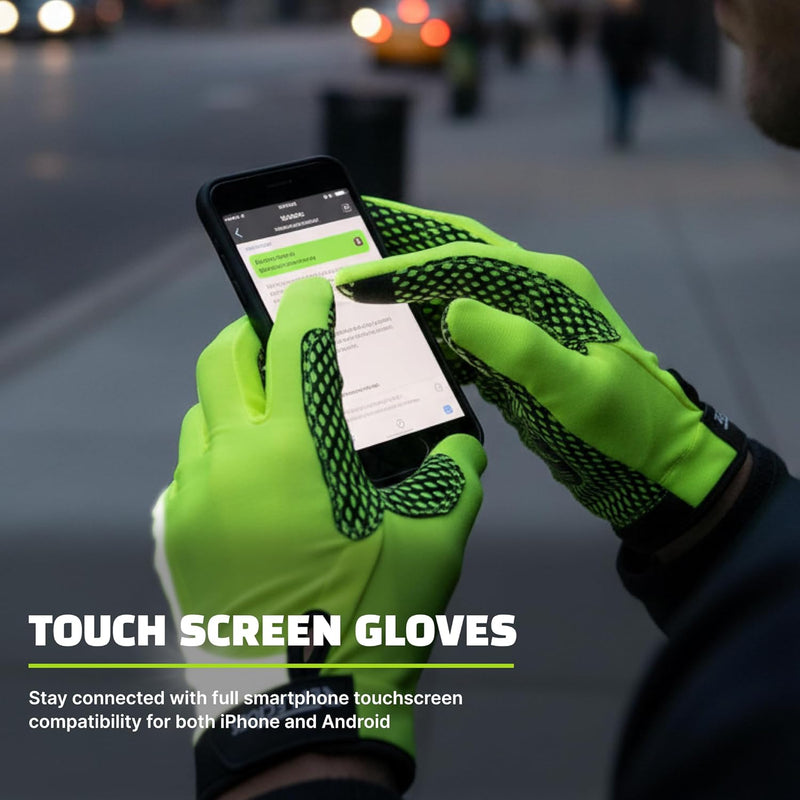 Person wearing neon yellow cycling gloves using smartphone showing touchscreen compatibility