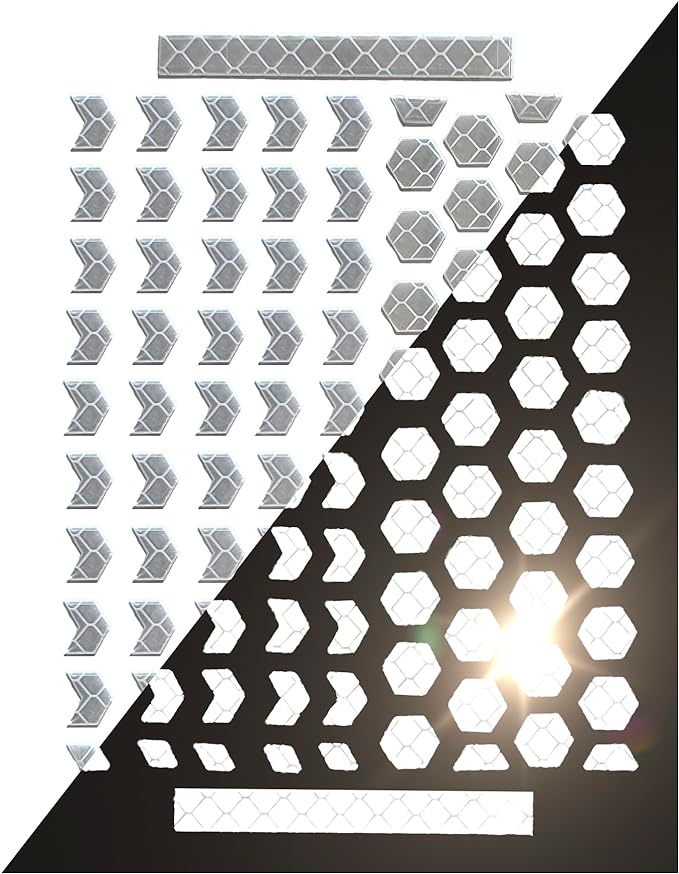 Sheet of silver prismatic reflective stickers in hexagon and chevron shapes day and night comparison