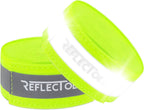 Two neon yellow ReflecToes reflective safety bands with silver retroreflective strip, part of the bundle