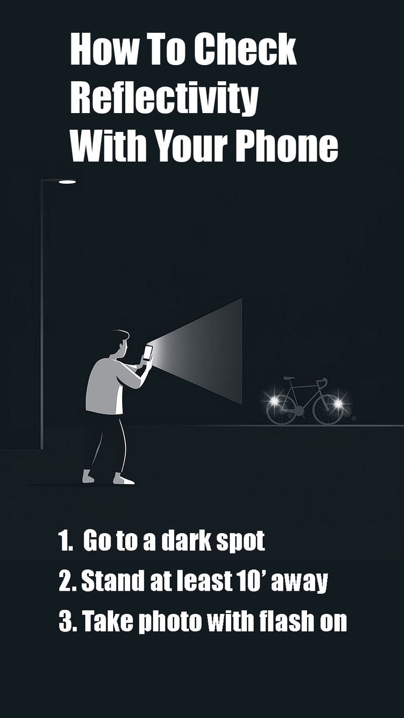 Illustration showing how to test reflectivity using phone flash at night with bicycle target