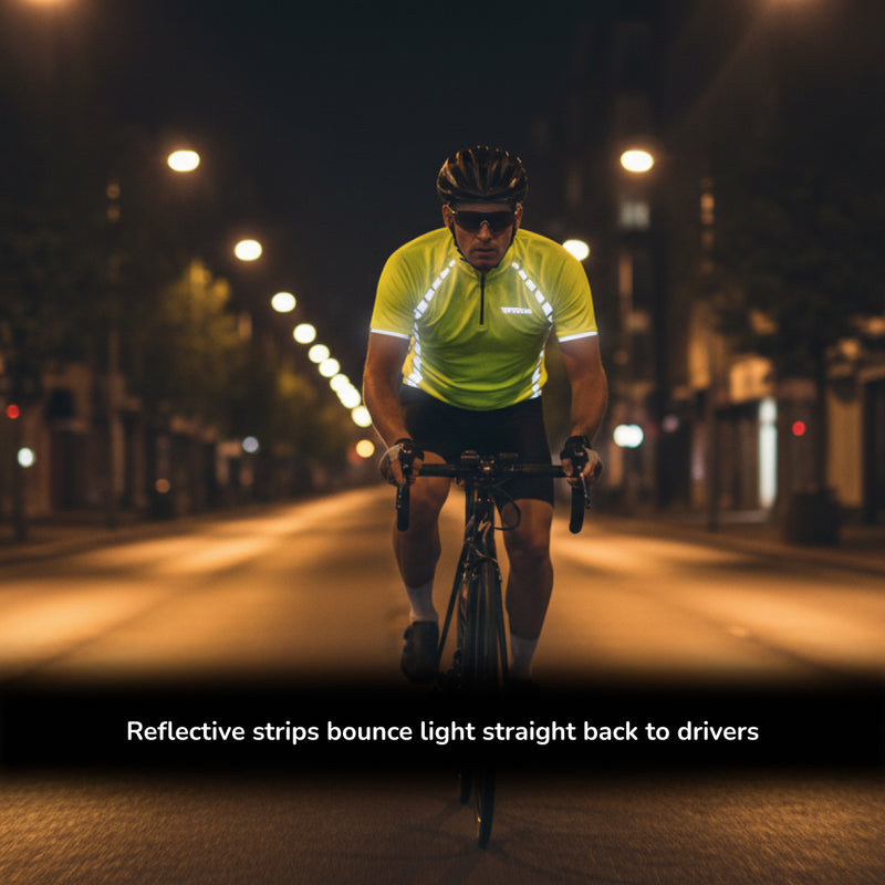Male cyclist in neon yellow short sleeve reflective jersey riding mountain road in daylight