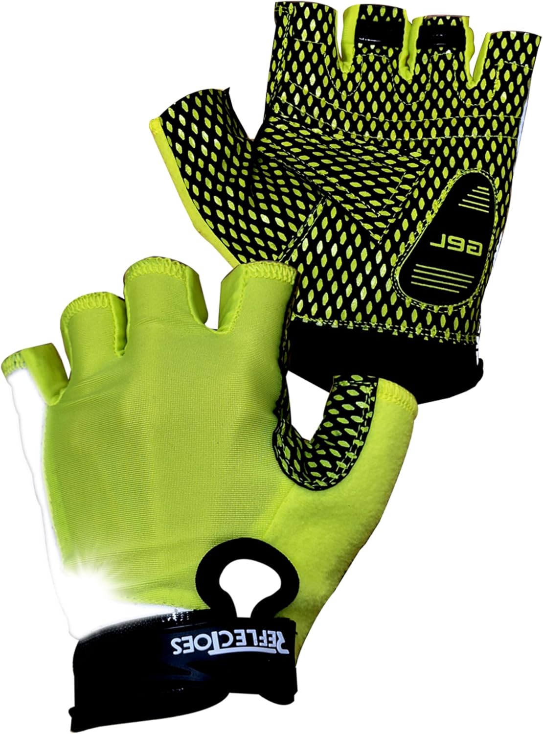 Neon yellow half-finger cycling gloves front and back view with gel pad and reflective wrist band