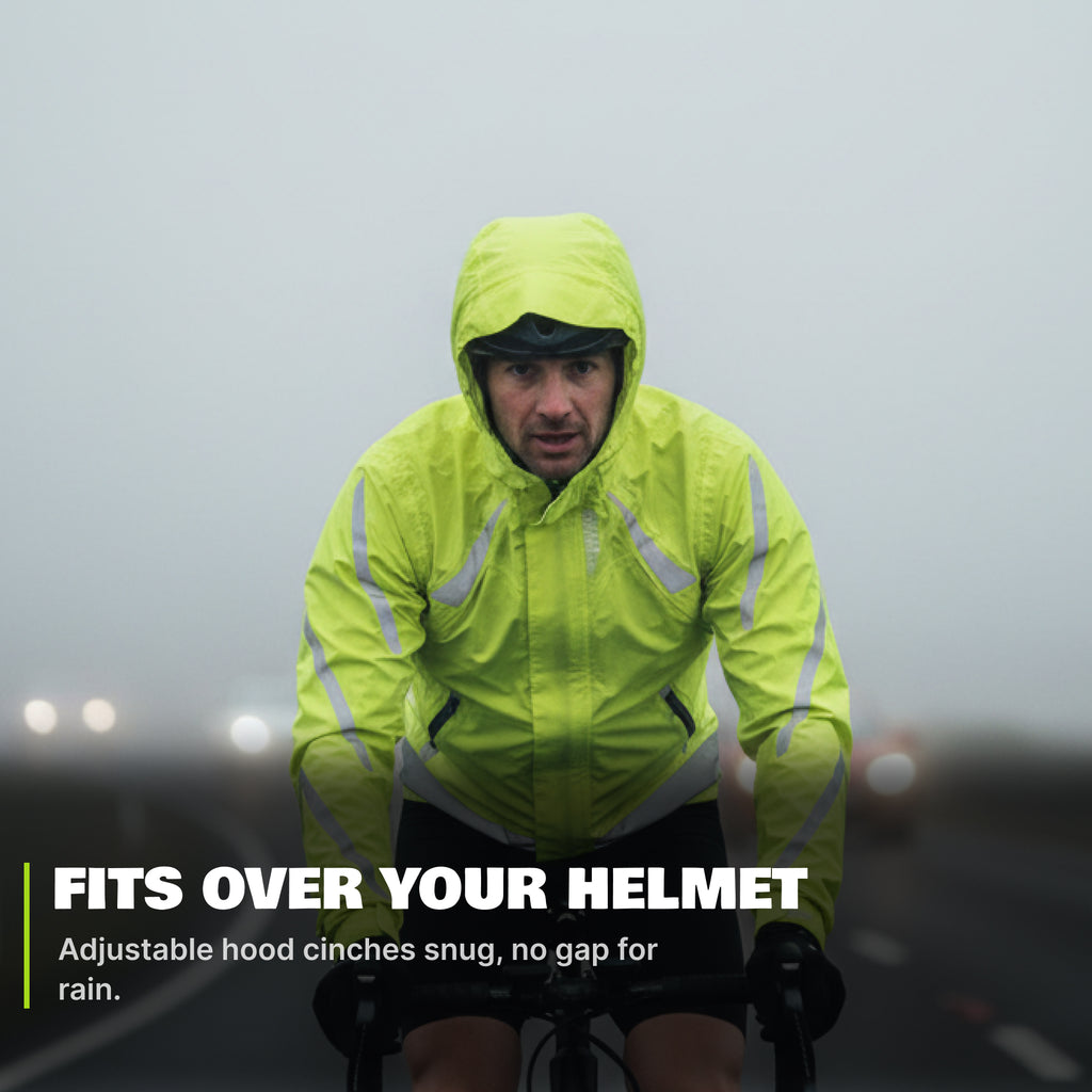 Reflective Rain Jacket - High Visibility Waterproof Cycling Jacket with Hood & Pockets