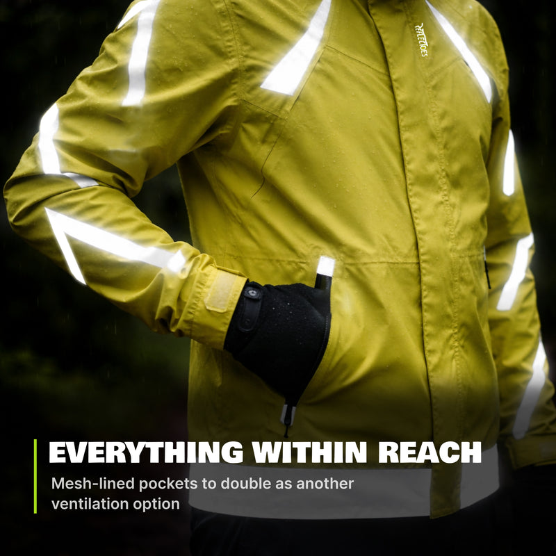 Reflective Rain Jacket - High Visibility Waterproof Cycling Jacket with Hood & Pockets