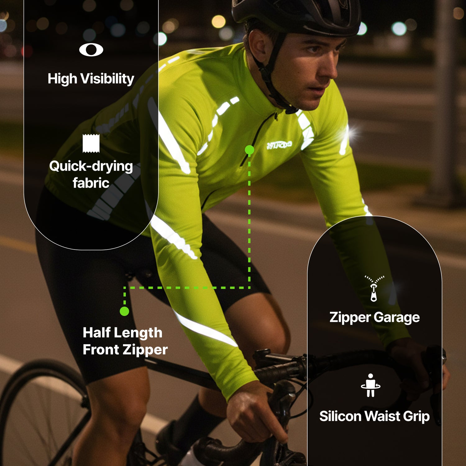 Reflective Half-Zip Cycling Jersey, High Visibility with Retroreflective Sleeves and Pockets