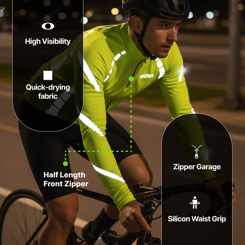 Reflective Half-Zip Cycling Jersey, High Visibility with Retroreflective Sleeves and Pockets