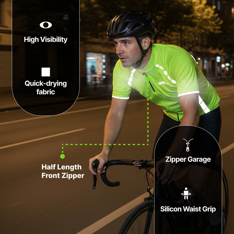 Reflective Half-Zip Cycling Jersey, High Visibility with Retroreflective Sleeves and Pockets