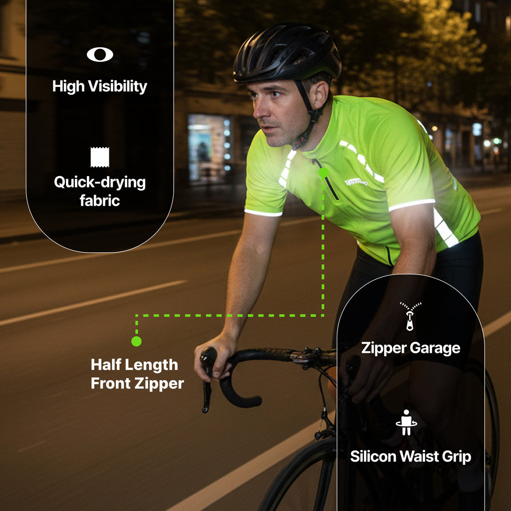 Reflective Half-Zip Cycling Jersey, High Visibility with Retroreflective Sleeves and Pockets
