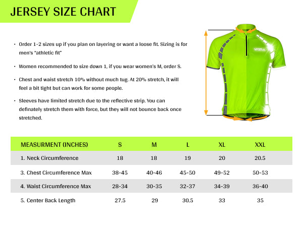 ReflecToes neon yellow cycling jersey size chart with measurements in inches for S through XXL
