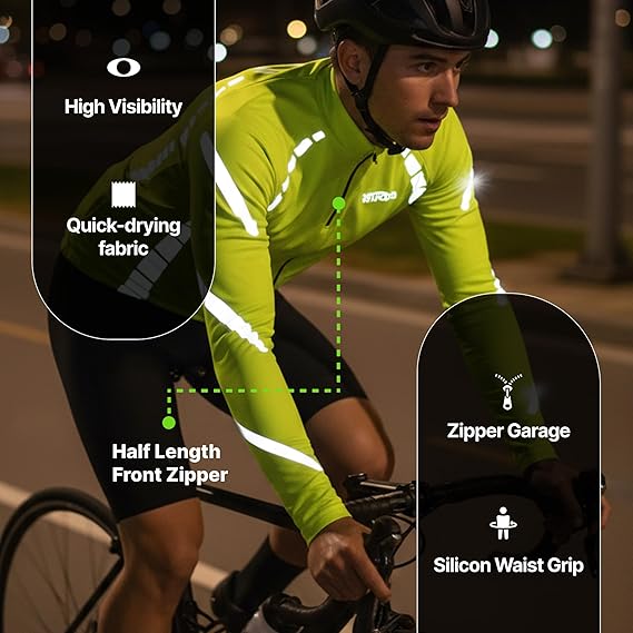 Male cyclist in neon yellow reflective jersey riding at night showing high visibility features