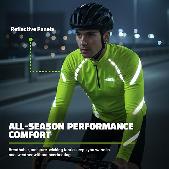 Male cyclist riding at night wearing neon yellow reflective jersey with reflective panels lit up