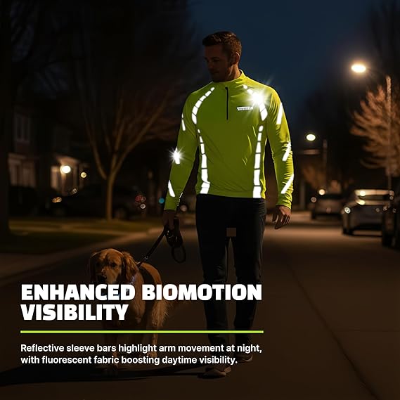 Man walking dog at night in neon yellow reflective long sleeve jersey with glowing arm strips