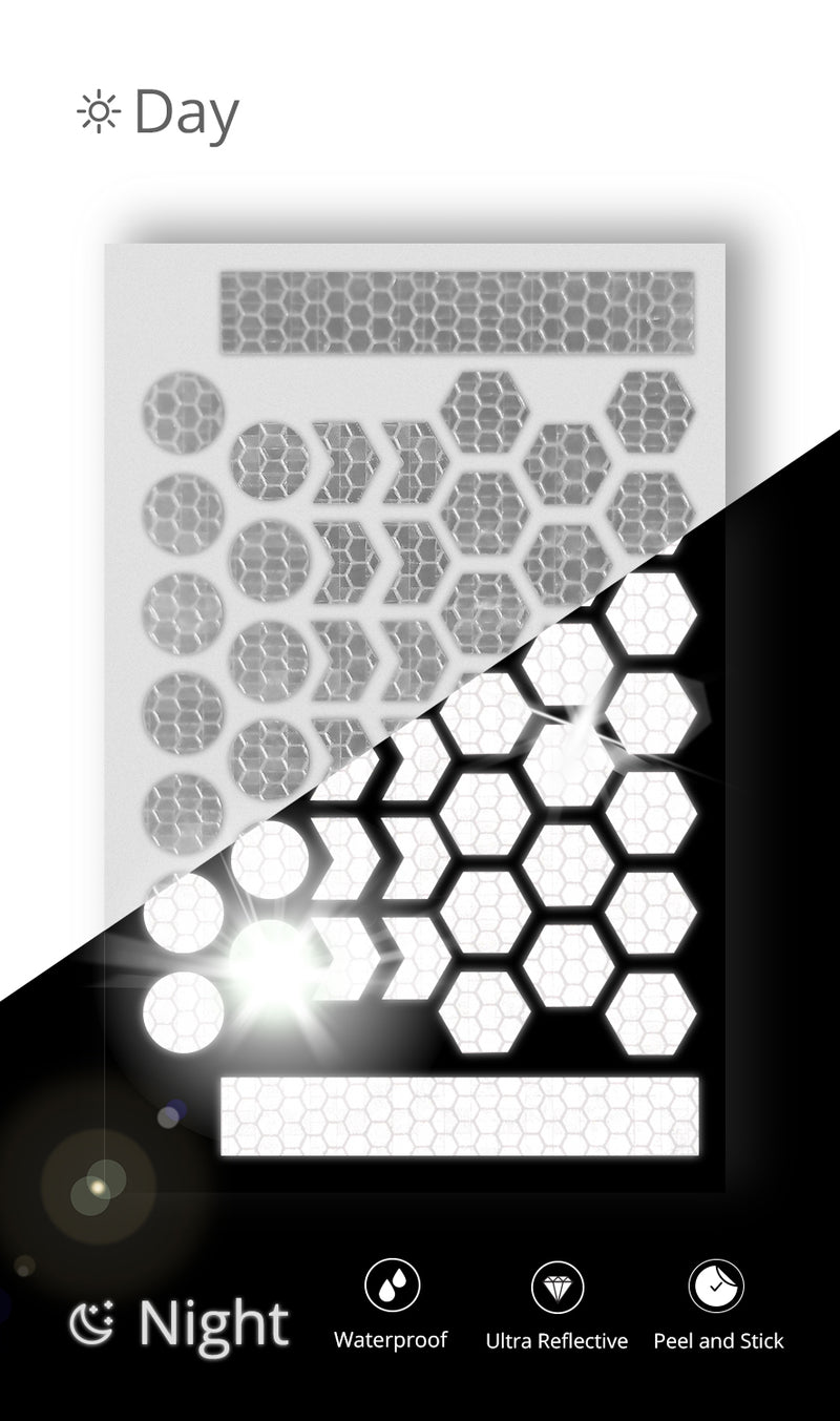 Single sheet of ReflecToes reflective decals showing circles chevrons and hexagons day and night split