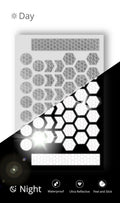 Single sheet of ReflecToes reflective decals showing circles chevrons and hexagons day and night split