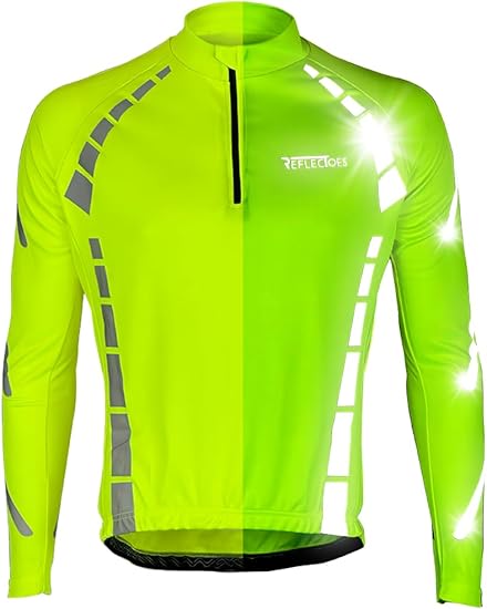 Neon yellow long sleeve cycling jersey front view with reflective strips day and night split
