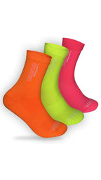 Three neon cycling socks in orange, yellow-green, and pink on white background