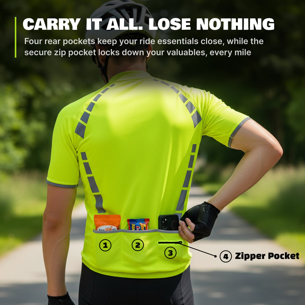 Reflective Half-Zip Cycling Jersey, High Visibility with Retroreflective Sleeves and Pockets