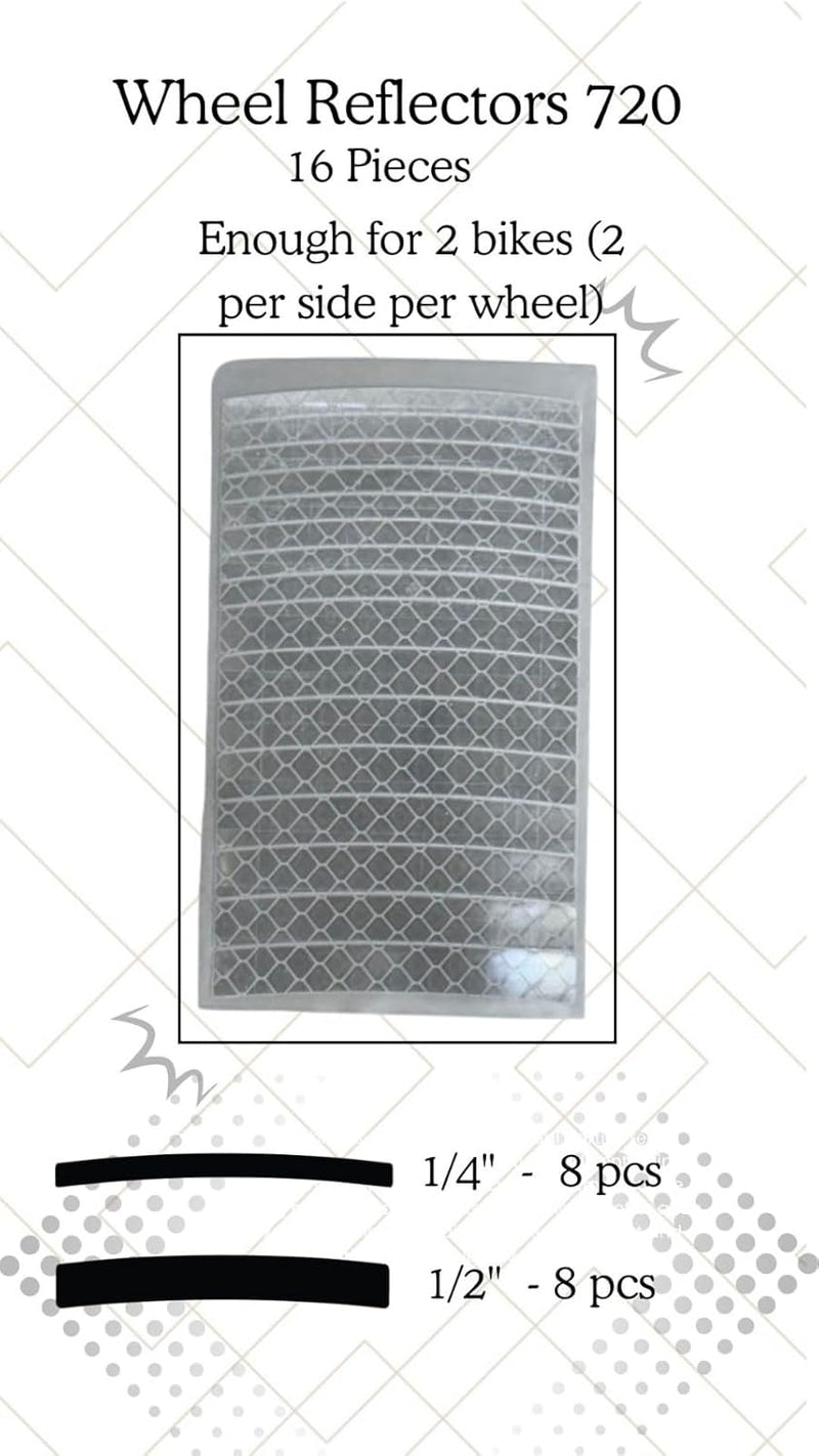 Wheel reflectors 720 product spec card showing 16 pieces in two sizes for two bikes