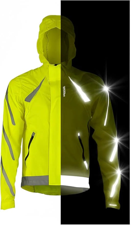 Reflective Rain Jacket - High Visibility Waterproof Cycling Jacket with Hood & Pockets