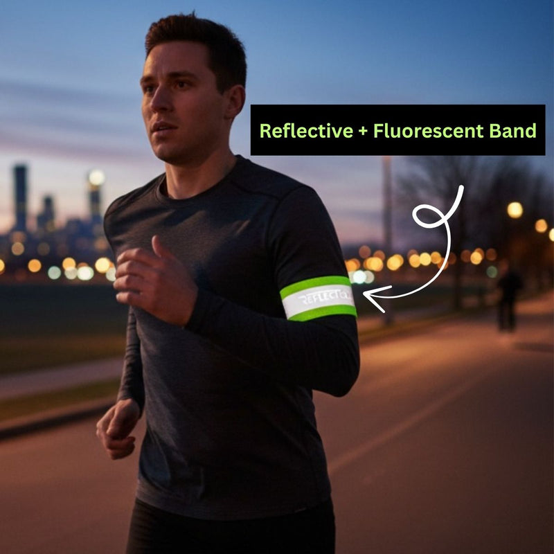 Man running at dusk wearing reflective fluorescent arm band with city skyline background