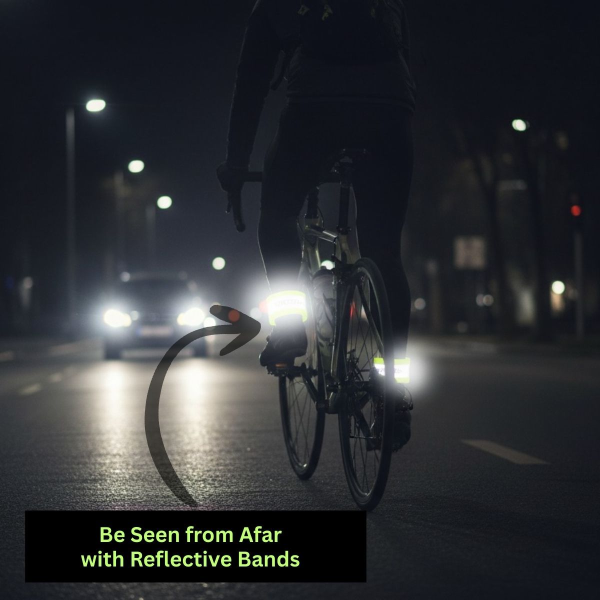 Night cyclist with reflective bands on legs and wrists glowing under car headlights