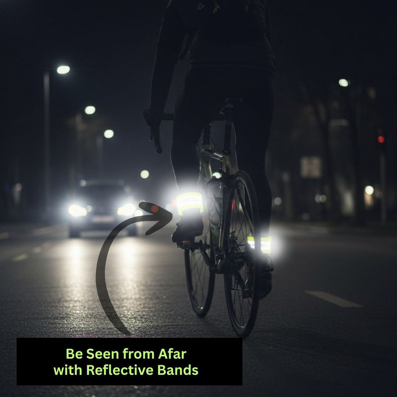 Night cyclist with reflective bands on legs and wrists glowing under car headlights