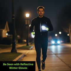 Man running at night wearing neon yellow reflective winter gloves glowing under street lights