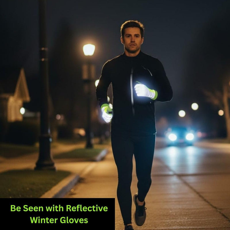 Man running at night wearing neon yellow reflective winter gloves glowing under street lights