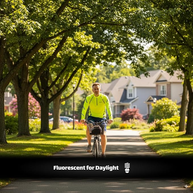 Man cycling through suburban neighborhood in fluorescent yellow long sleeve reflective jersey