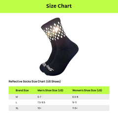 Reflective running socks size chart showing black sock with diamond pattern and US shoe sizing table