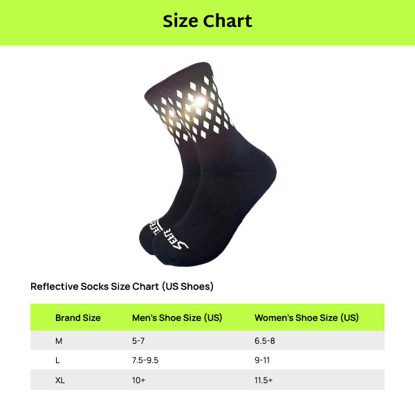 Reflective running socks size chart showing black sock with diamond pattern and US shoe sizing table