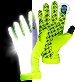 Neon yellow winter running gloves day and night split showing retroreflective palm and touchscreen tip