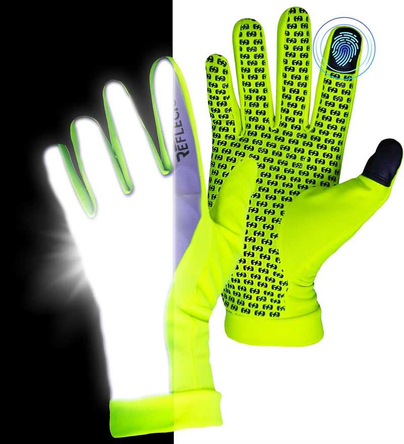 Neon yellow winter running gloves day and night split showing retroreflective palm and touchscreen tip