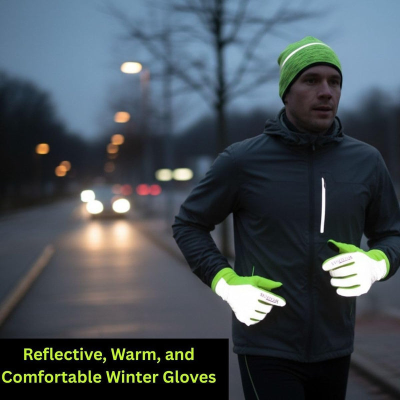 Man running at dawn in neon yellow reflective winter gloves along road with car headlights behind