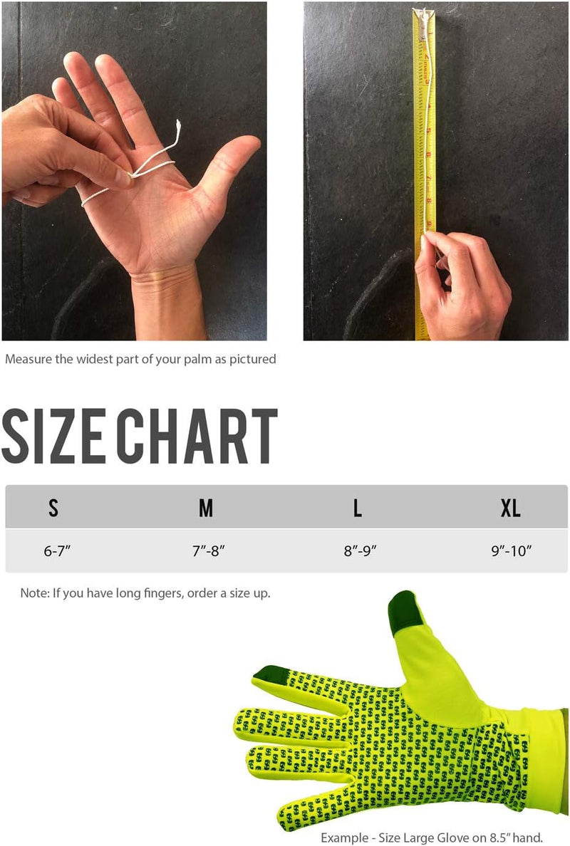 Running glove size chart with hand measurement instructions and glove sizing from S to XL