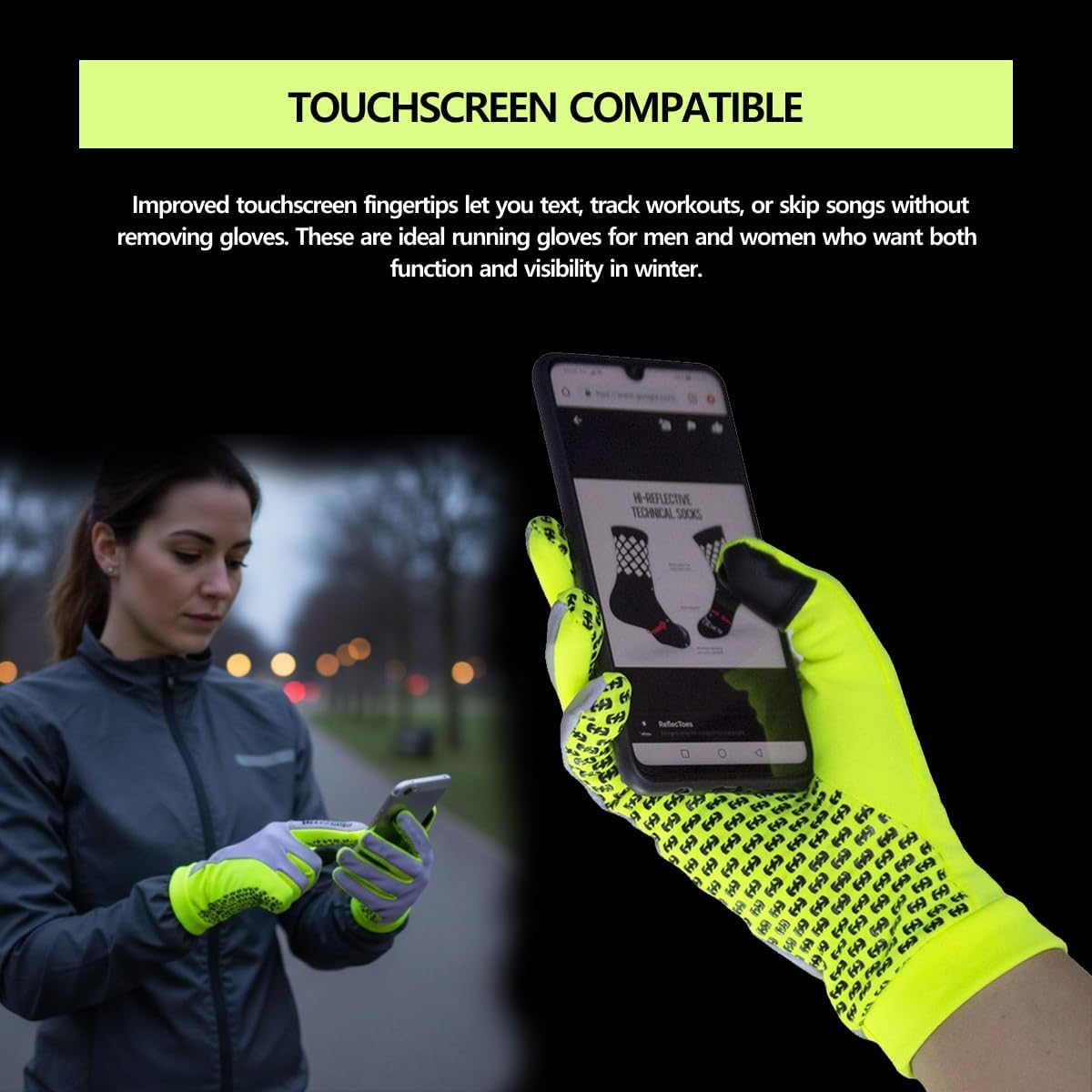Woman runner in neon yellow reflective gloves using smartphone outdoors at night in winter