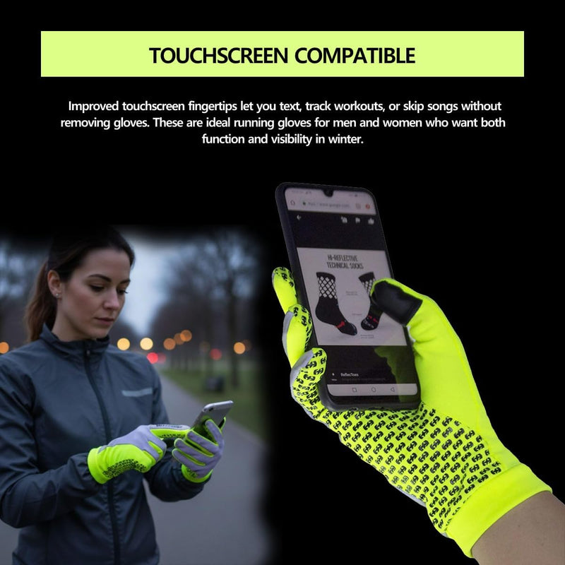 Woman runner in neon yellow reflective gloves using smartphone outdoors at night in winter