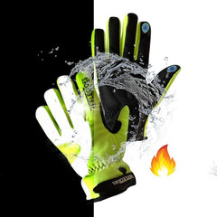 Neon yellow winter cycling thermal gloves with reflective strip shown day and night split with water splash