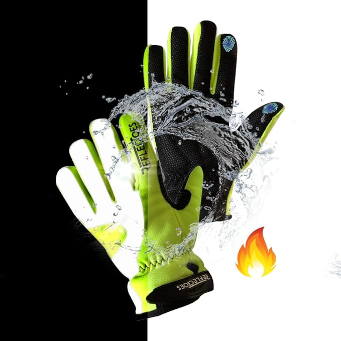Neon yellow winter cycling thermal gloves with reflective strip shown day and night split with water splash