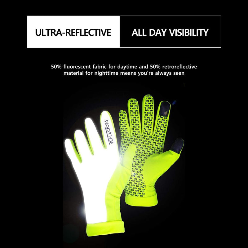 Man cyclist in neon yellow and gray reflective winter gloves adjusting gloves before ride