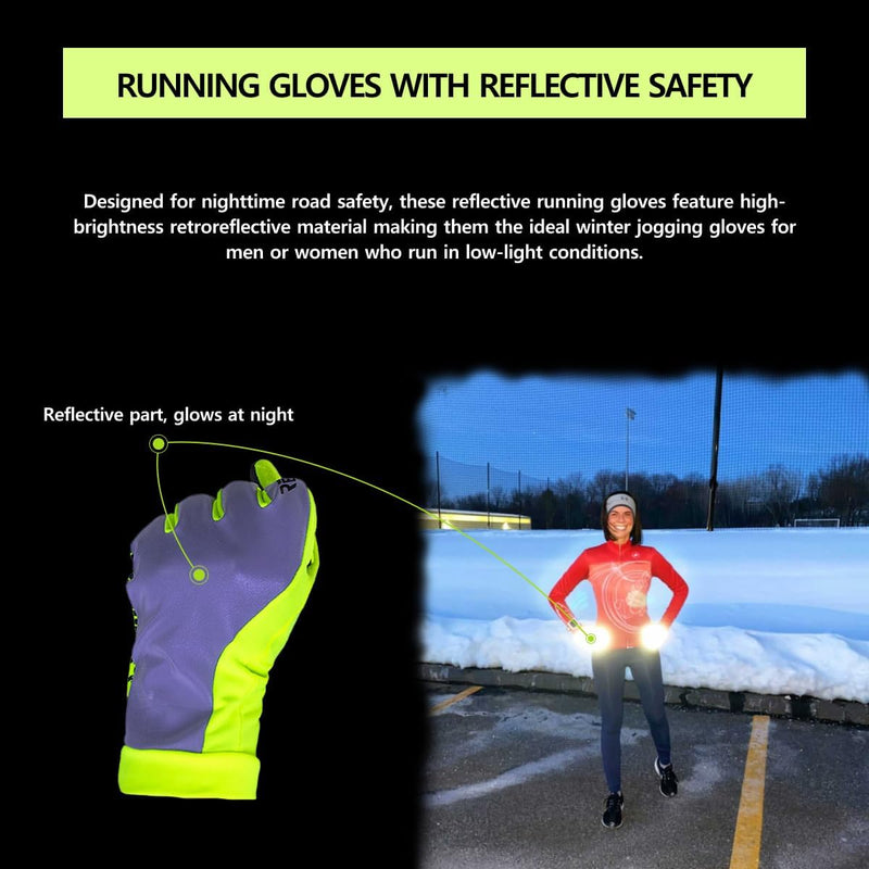 Man running at night in dark clothing wearing neon yellow reflective winter gloves on sidewalk
