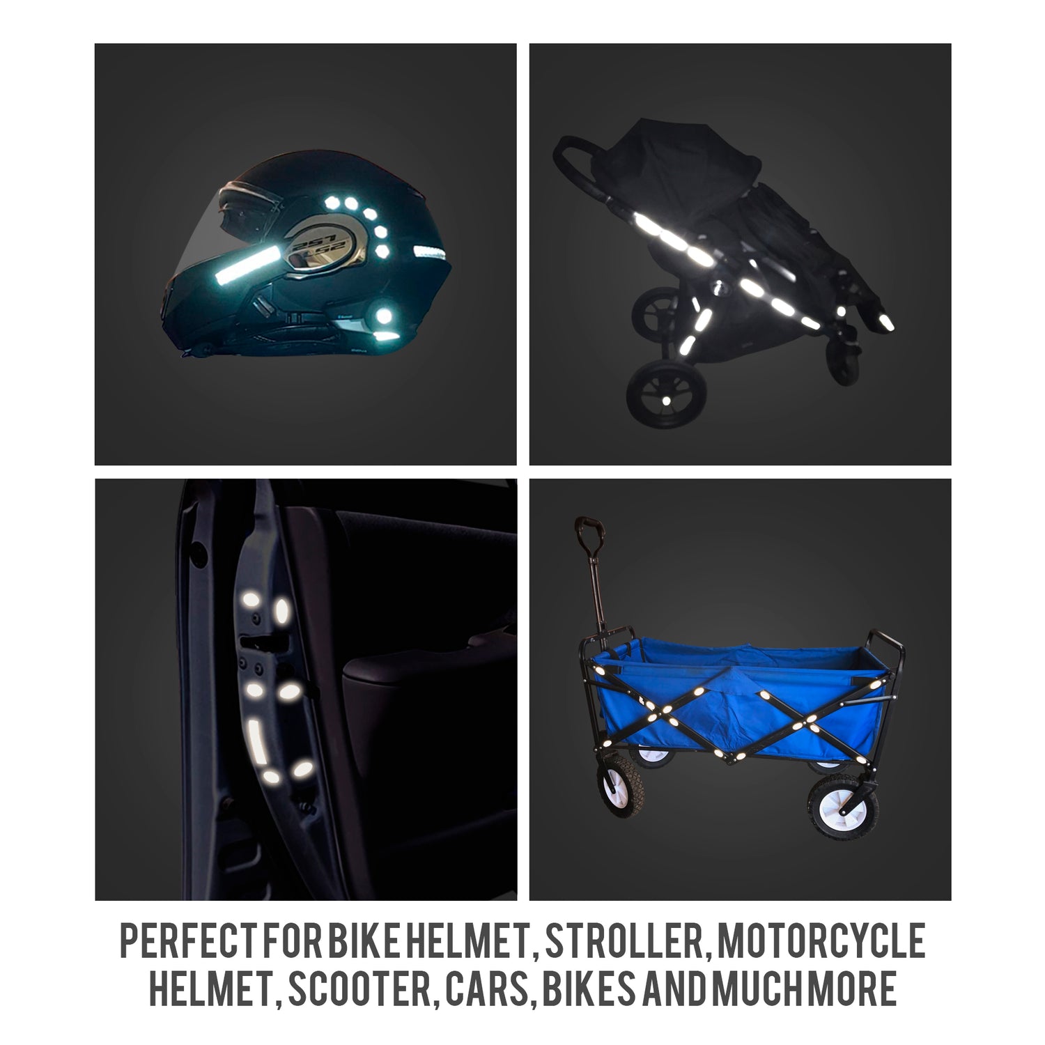 Four panel image of reflective stickers applied to motorcycle helmet stroller car door and wagon at night