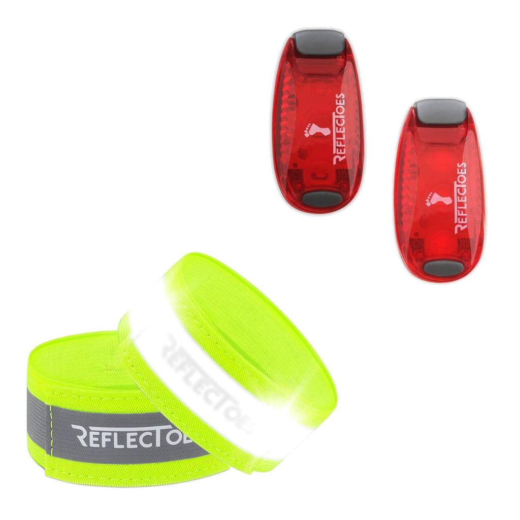 ReflecToes bundle: two neon yellow reflective bands and two red LED clip lights