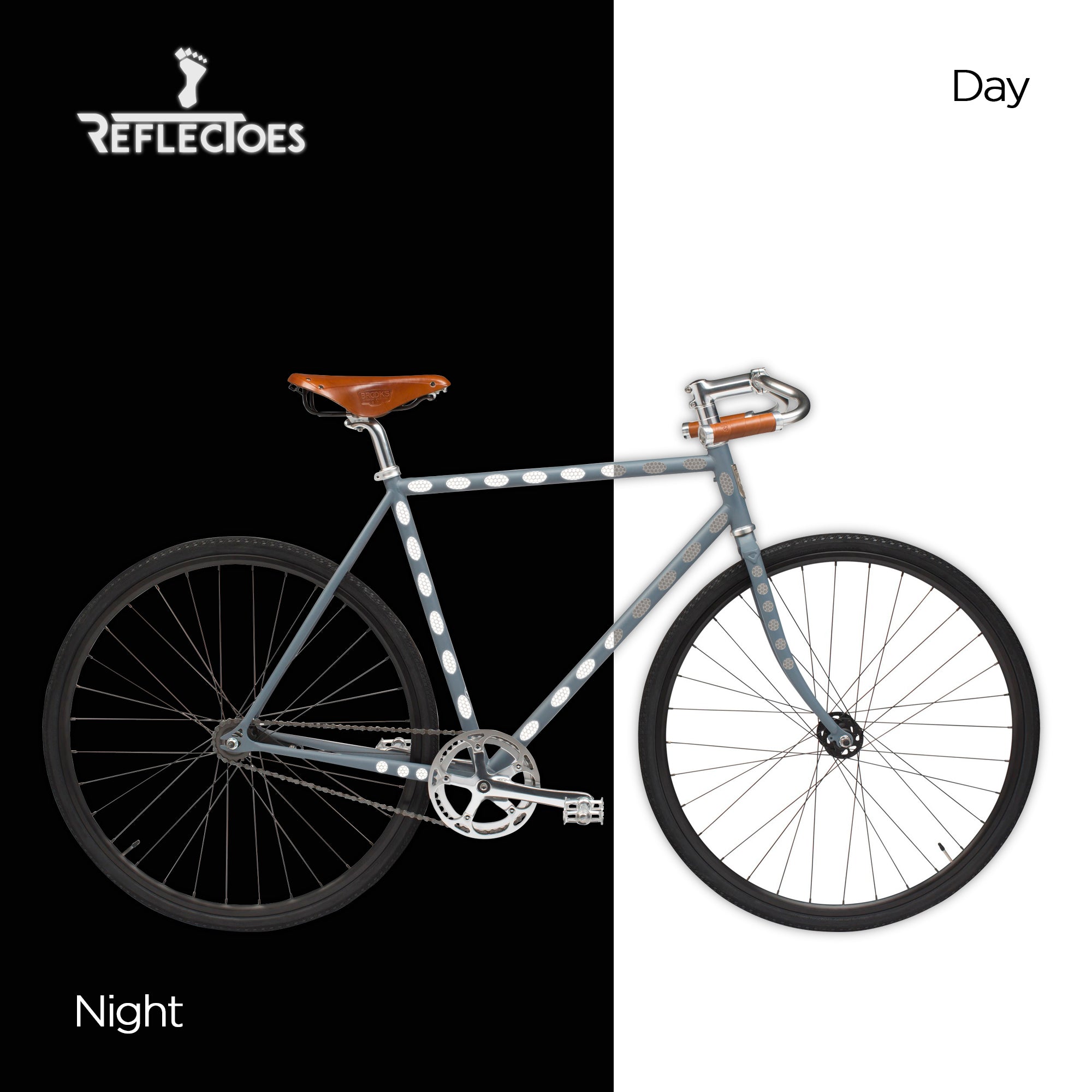 Dark bicycle with ReflecToes reflective oval stickers on frame glowing white at night comparison